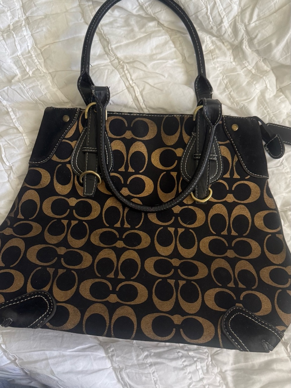 Coach Brown and Black Signature Canvas Tote with Leather Trim